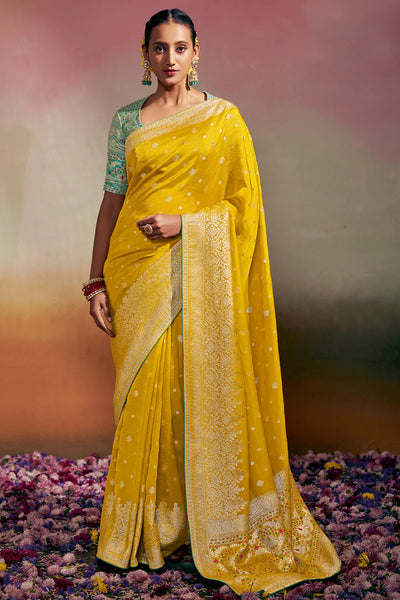 AUREOLIN YELLOW Woven Soft Silk Banarasi Saree With Minakari Pallu & Fancy Blouse