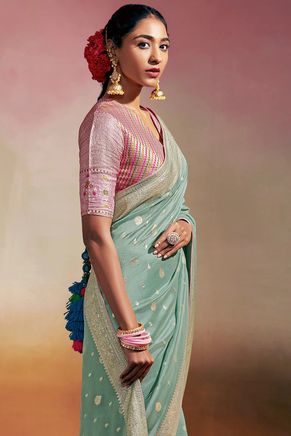 FRENCH BLUE Woven Soft Silk Banarasi Saree With Minakari Pallu & Fancy Blouse