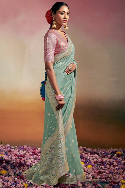 FRENCH BLUE Woven Soft Silk Banarasi Saree With Minakari Pallu & Fancy Blouse