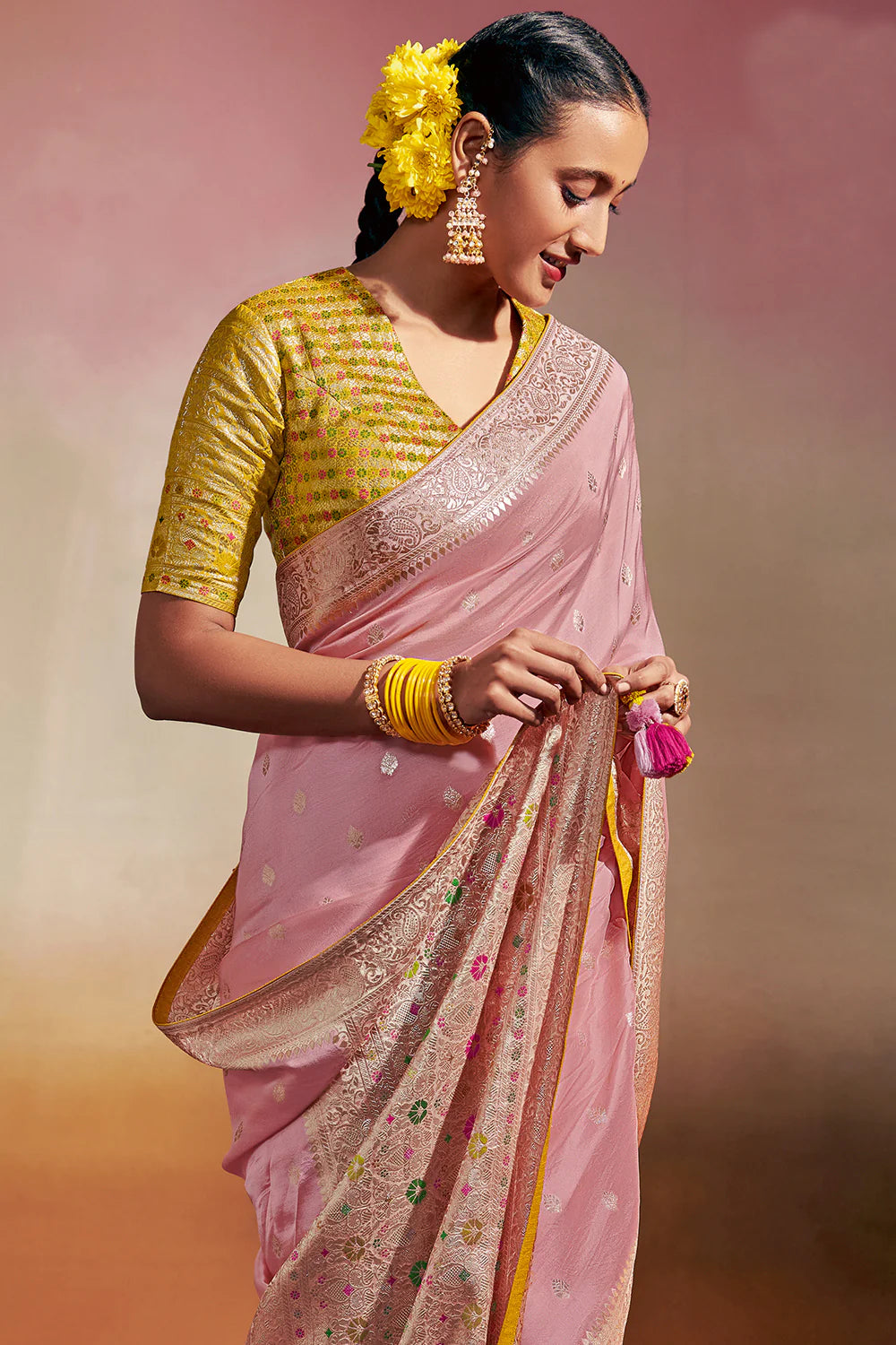FLAMINGO PINK Woven Soft Silk Banarasi Saree With Minakari Pallu & Fancy Blouse