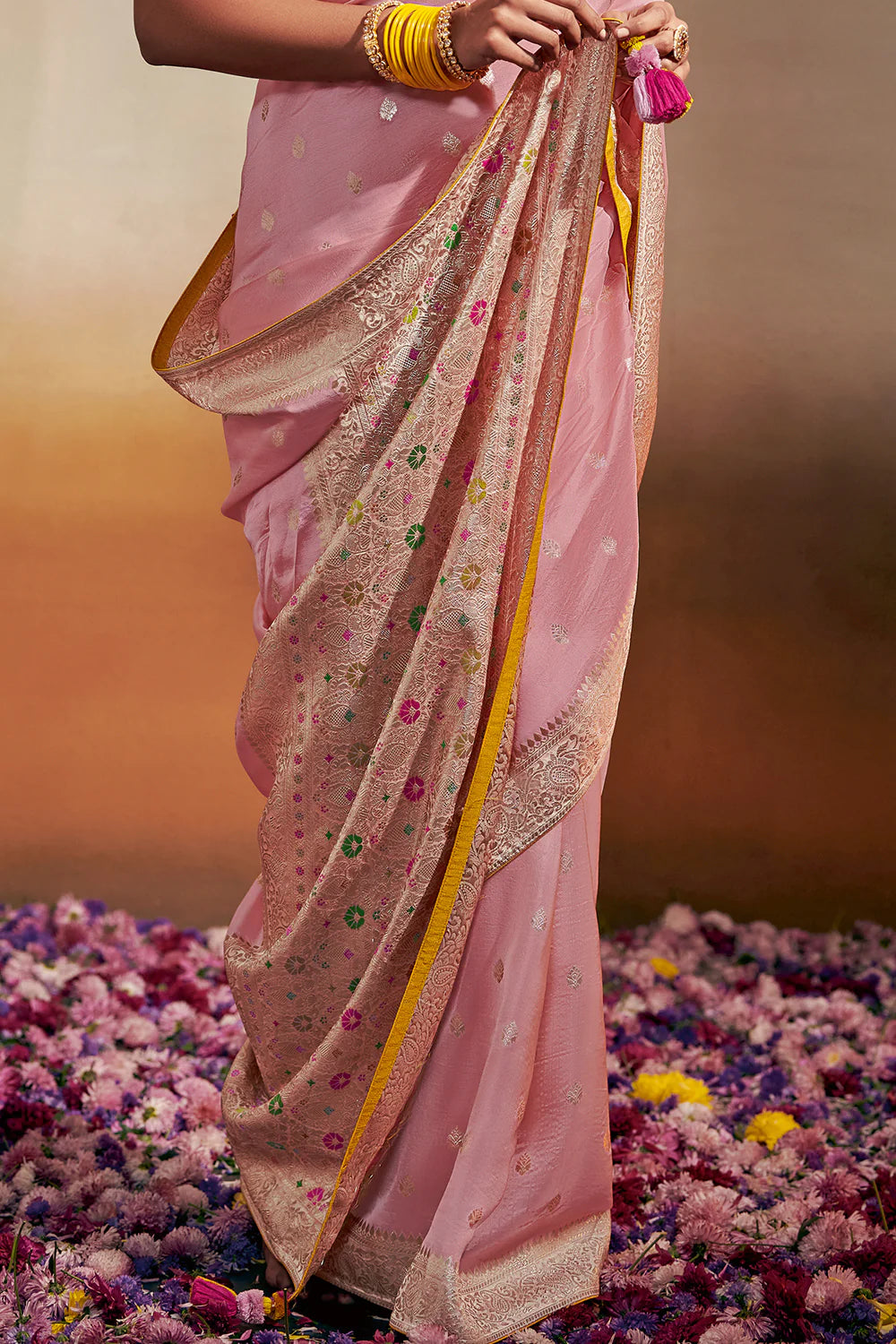 FLAMINGO PINK Woven Soft Silk Banarasi Saree With Minakari Pallu & Fancy Blouse