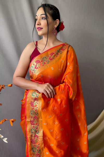 APRICOT ORANGE Woven Paithani Silk Saree