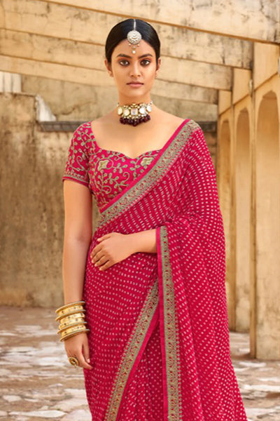 FUSCHA PINK  Bandhani Saree With Embroidery Work Blouse