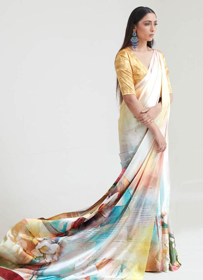 Amazing Multi Color Digital Printed Satin Traditional Saree