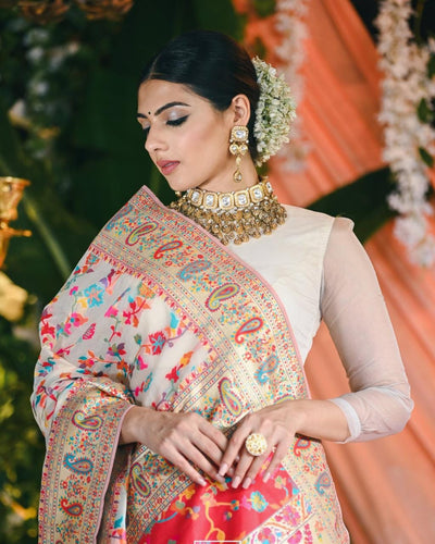 Floral Off-White Woven Kashmiri Pashmina Saree