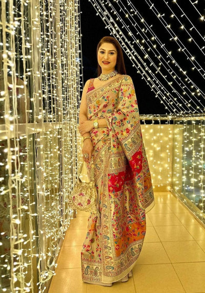 Floral Off-White Woven Kashmiri Pashmina Saree