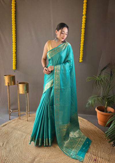 CERULEAN BLUE Soft copper weaving saree rich pallu and brocade blouse