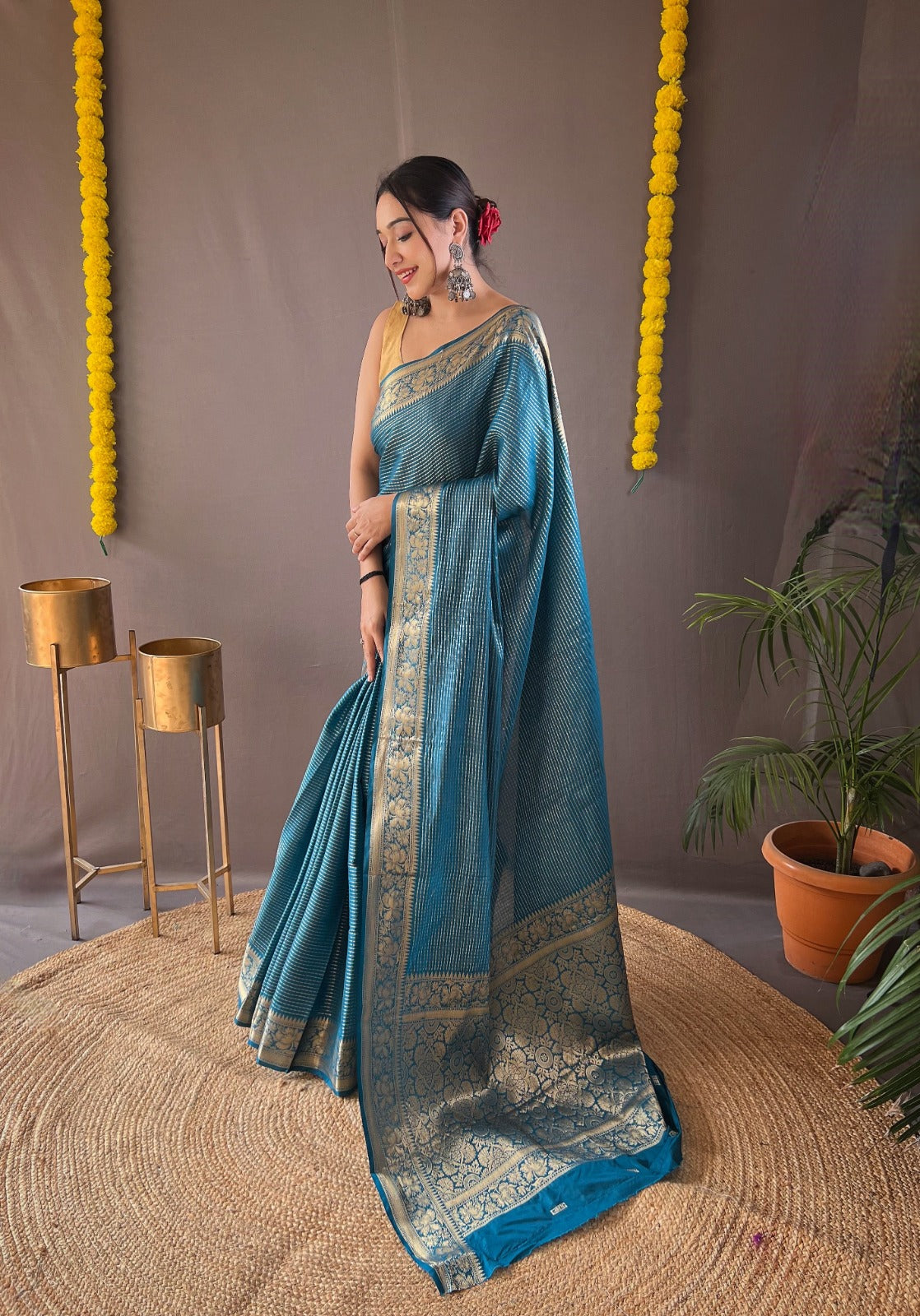 ADMIRAL BLUE Soft copper weaving saree rich pallu and brocade blouse