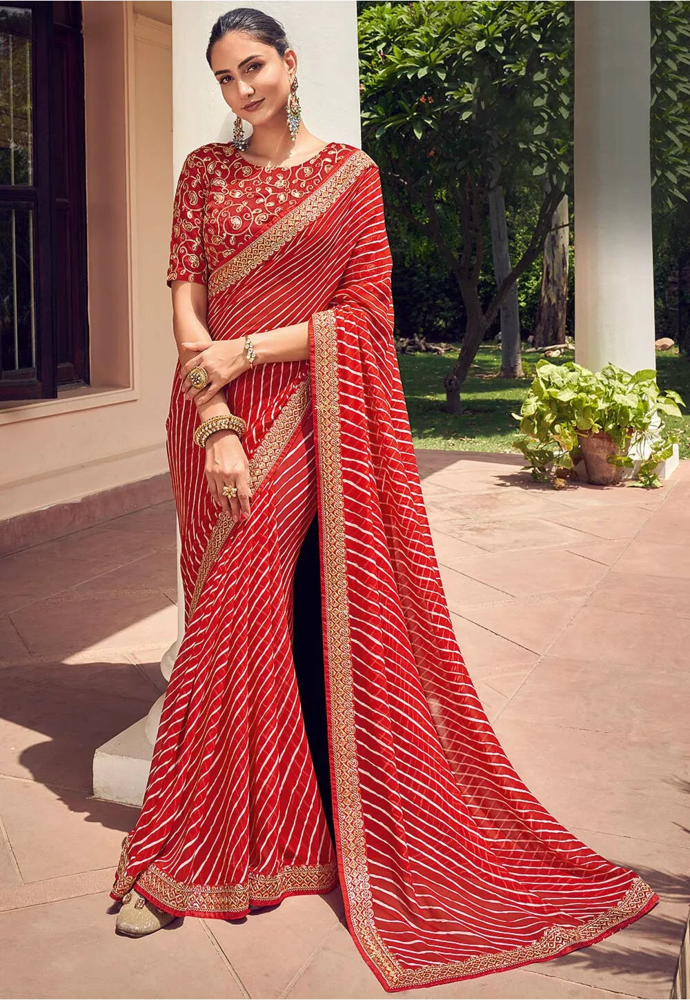 RED Georgette Saree WITH Embroidery Border