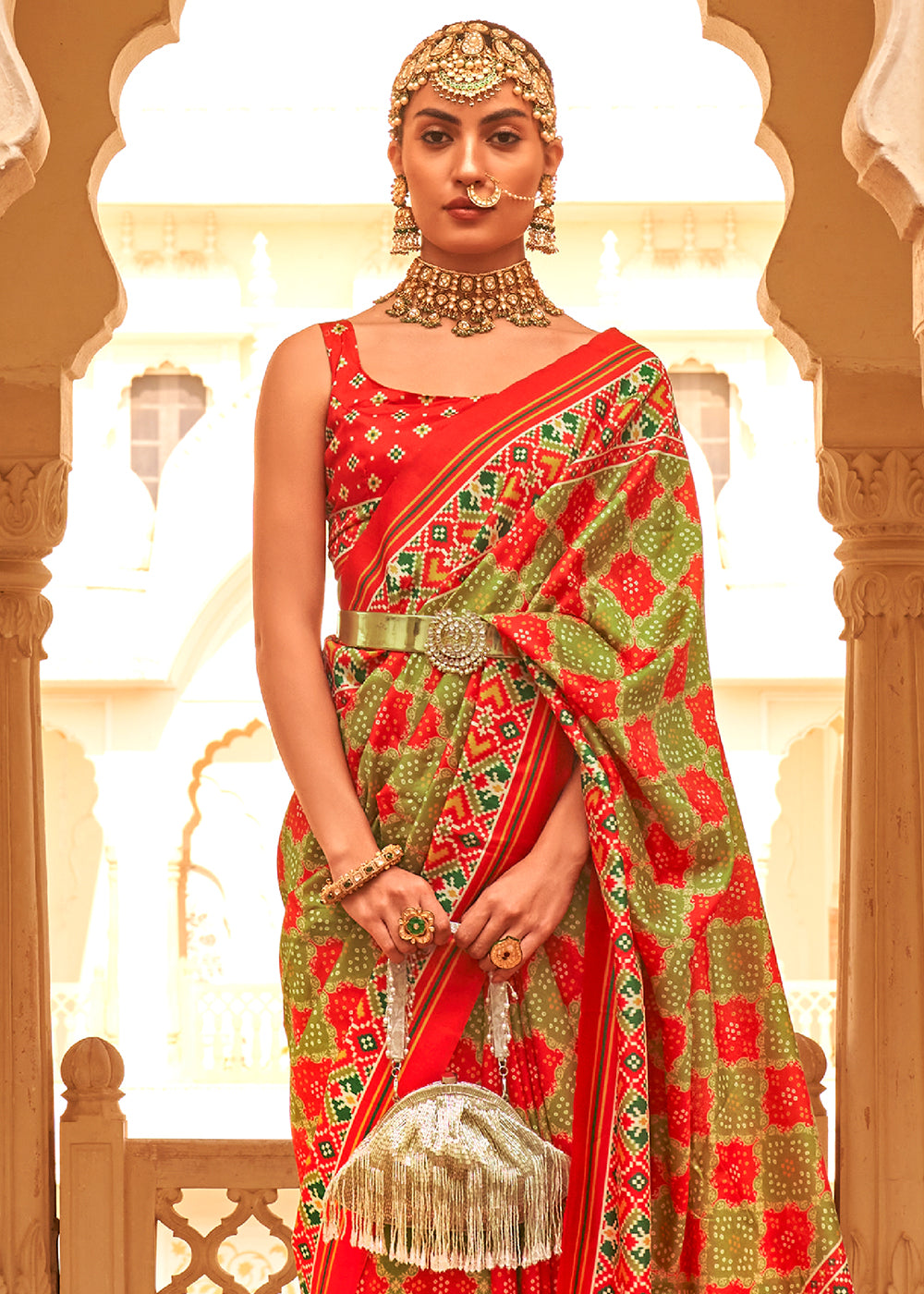 Experience the Fusion of Tradition and Modernity with the Red and Olive Printed Patola Tussar Silk Saree