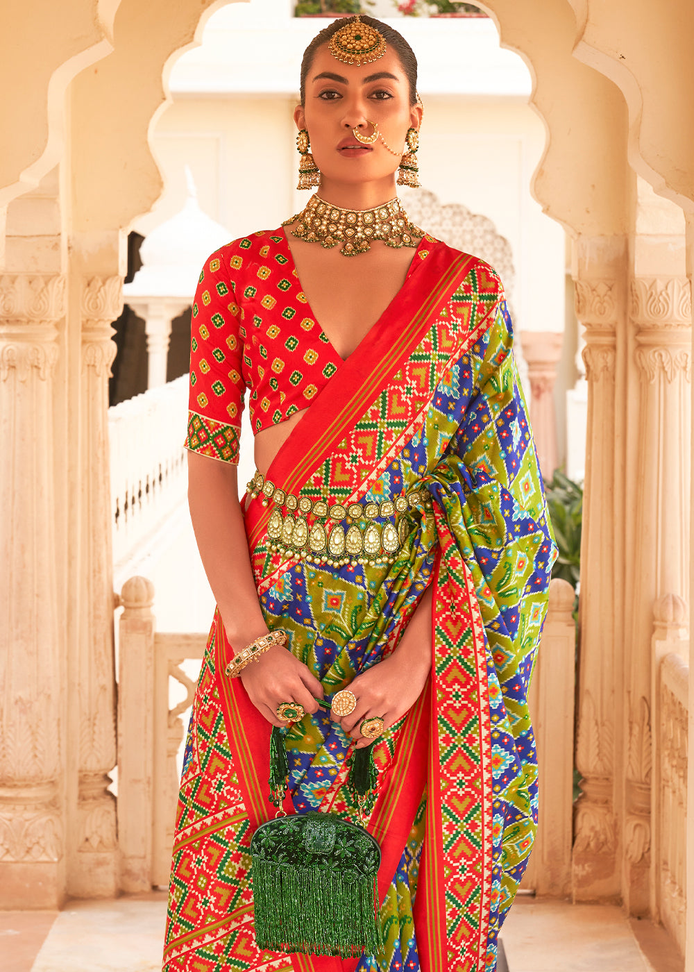 Add a Pop of Color with the Blue and Green Printed Patola Tussar Silk Saree