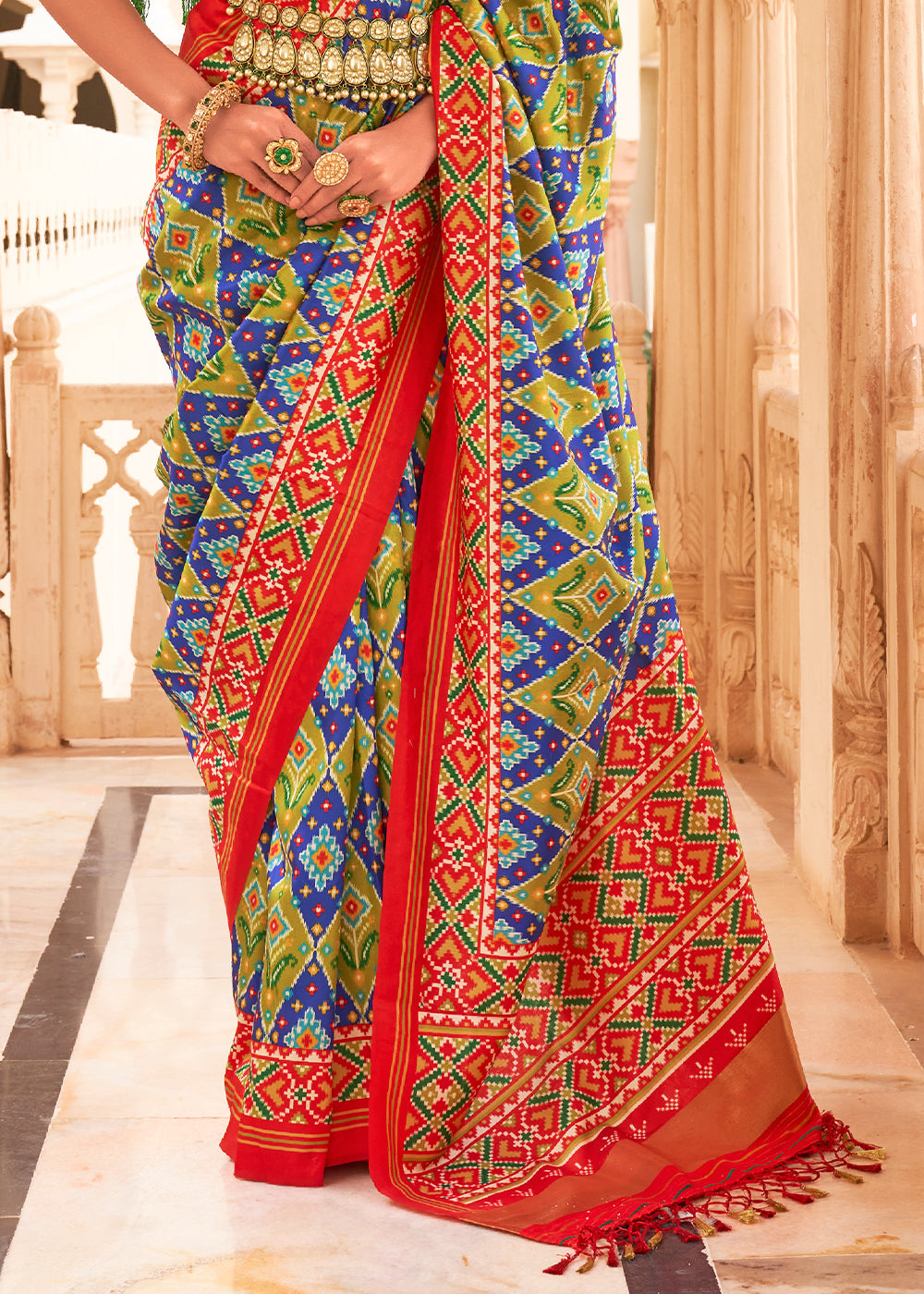 Add a Pop of Color with the Blue and Green Printed Patola Tussar Silk Saree