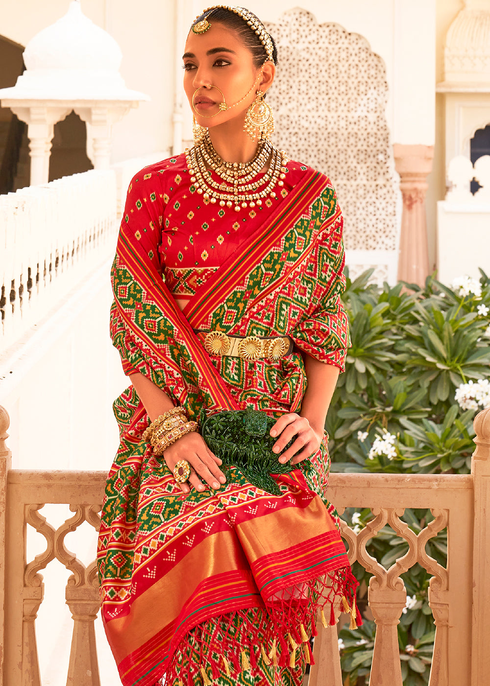 Add a Pop of Color to Your Wardrobe with the Poppy Red and Green Printed Patola Tussar Silk Saree