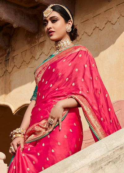 Elegant and Feminine Pink Woven Banarasi Silk Saree with Embroidered Blouse