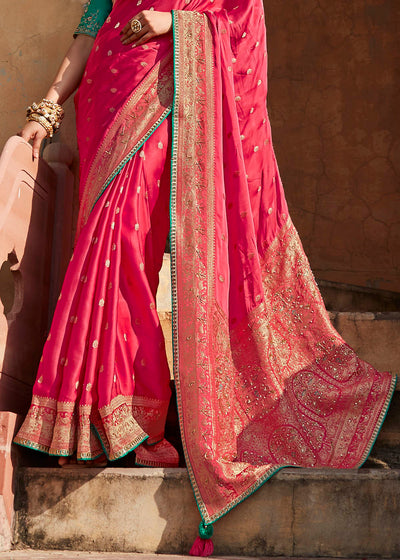 Elegant and Feminine Pink Woven Banarasi Silk Saree with Embroidered Blouse