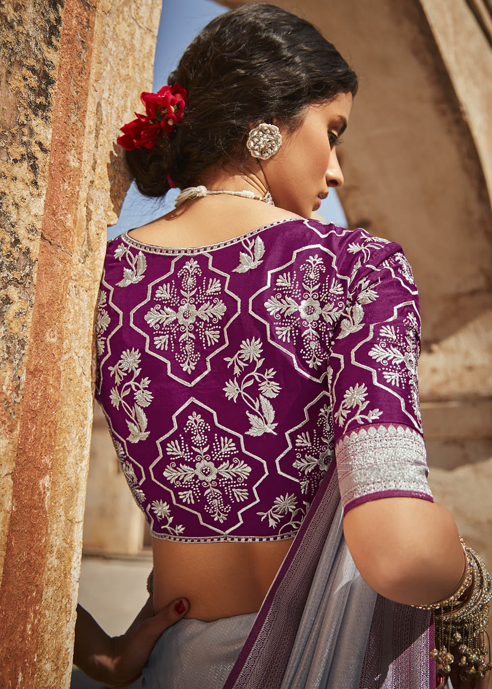 Elegant Grey Woven Silk Saree with Embroidered Blouse