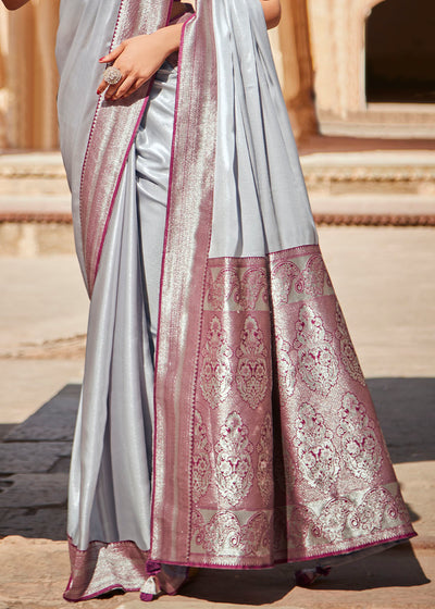 Elegant Grey Woven Silk Saree with Embroidered Blouse