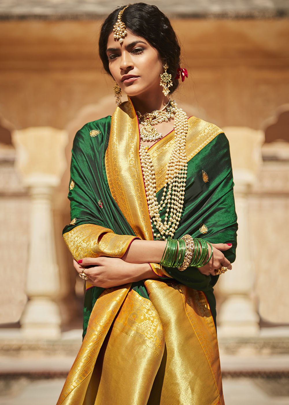Green and Yellow Woven Silk Saree with Embroidered Blouse