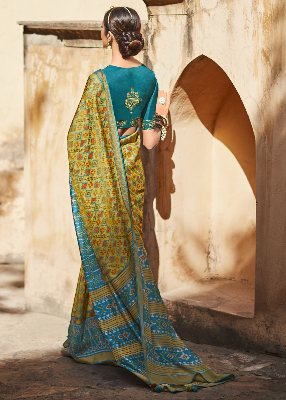 Charming Yellow Blue Soft Silk Saree with Embroidered Blouse