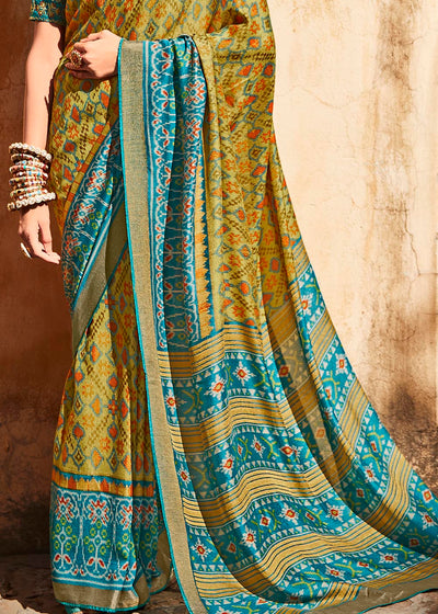 Charming Yellow Blue Soft Silk Saree with Embroidered Blouse
