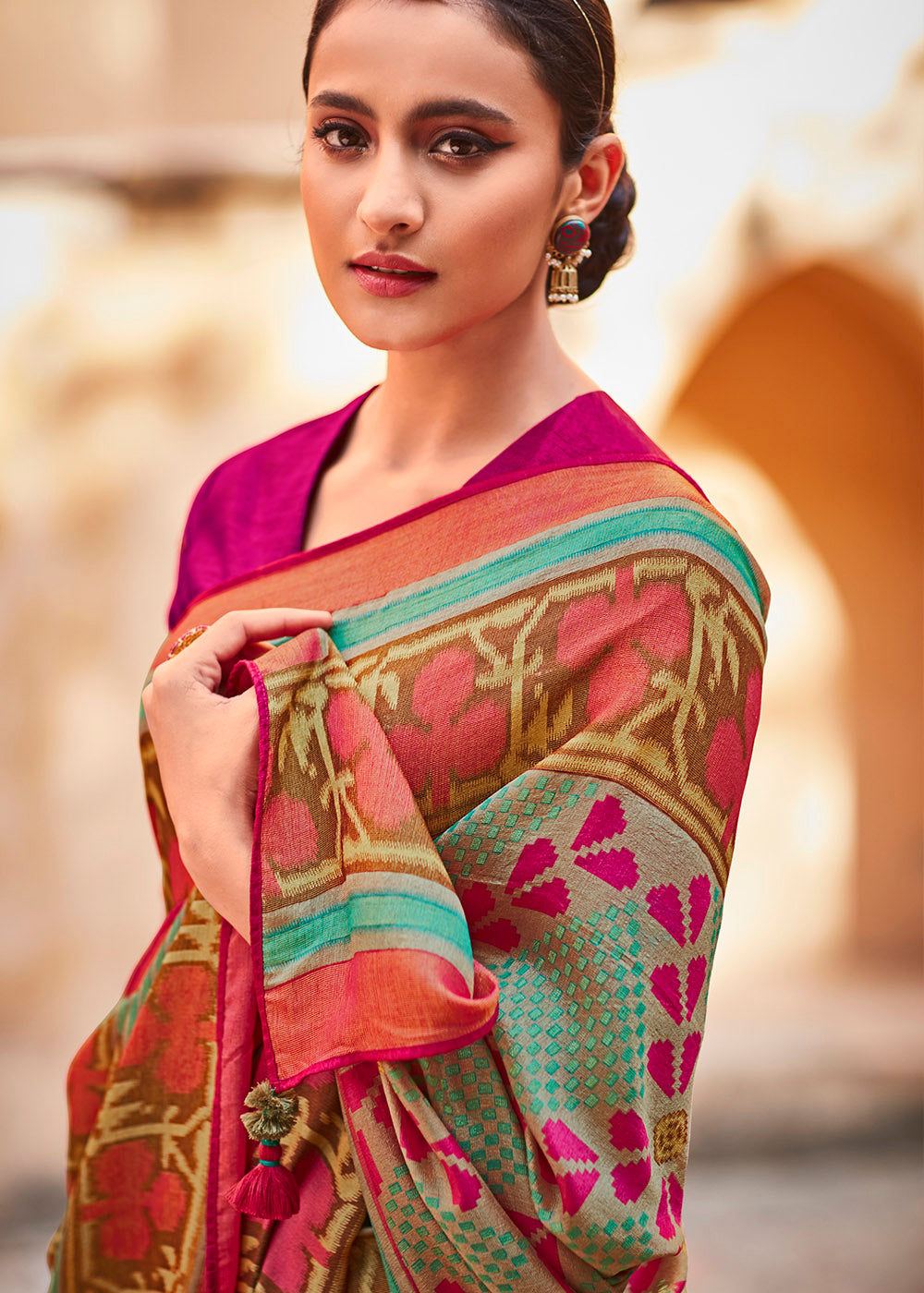 Elegant Green and Pink Soft Silk Saree with Embroidered Blouse