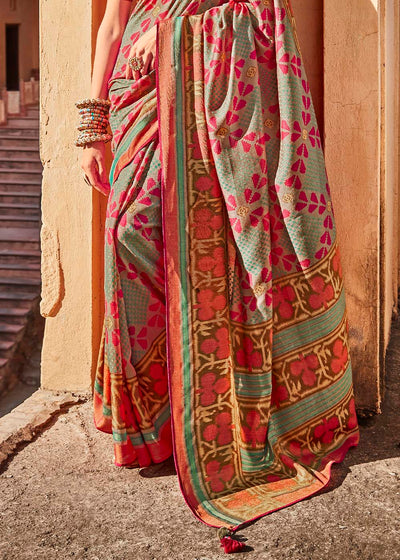 Elegant Green and Pink Soft Silk Saree with Embroidered Blouse