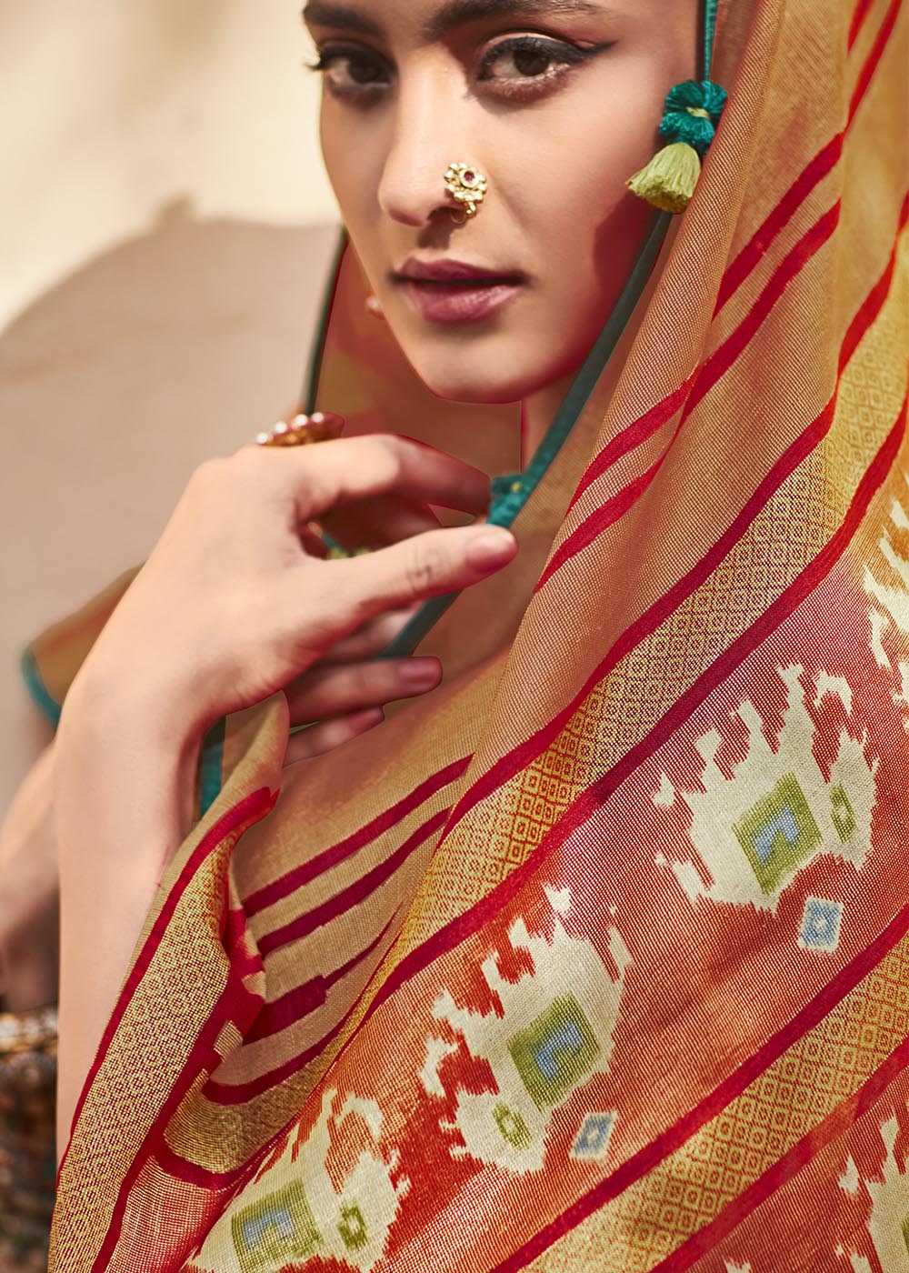 ALIGENT GREEN & RED SOFT SILK SAREE WITH EMBROIDERED BLOUSE
