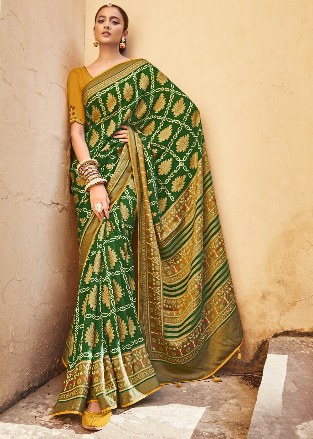 Elegant Green and golden  Soft Silk Saree with Beautifully Embroidered Blouse