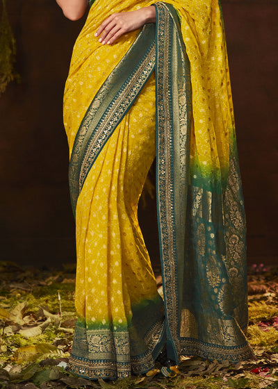 Refreshing Yellow and Green Georgette Bandhani Saree for a Vibrant Look