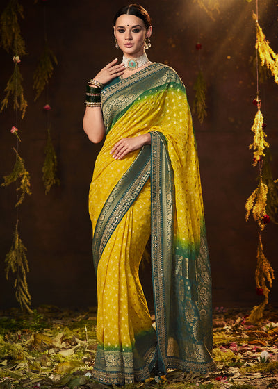 Refreshing Yellow and Green Georgette Bandhani Saree for a Vibrant Look