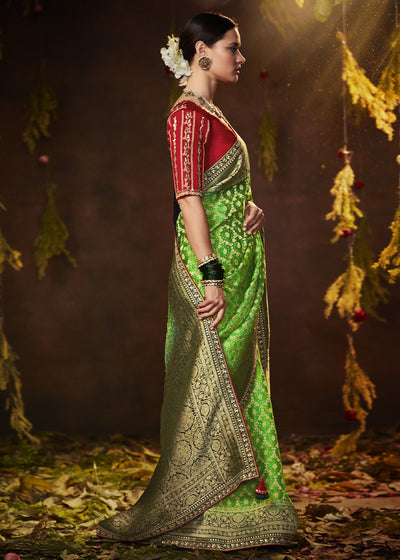 Enchanting Forest Green Georgette Bandhani Saree for a Serene Look