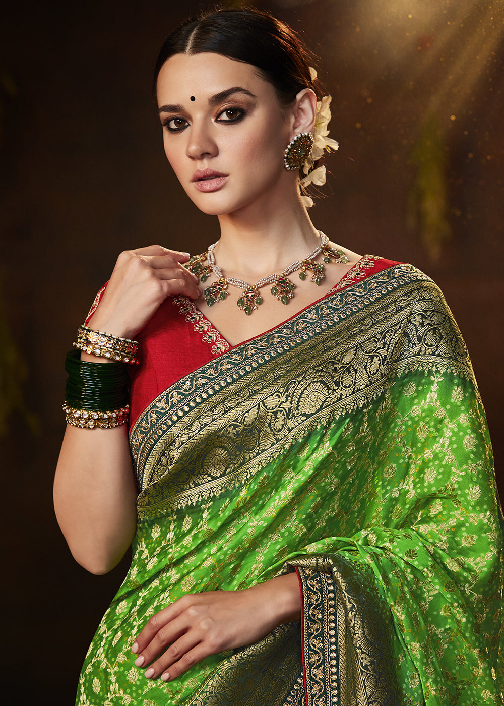 Enchanting Forest Green Georgette Bandhani Saree for a Serene Look