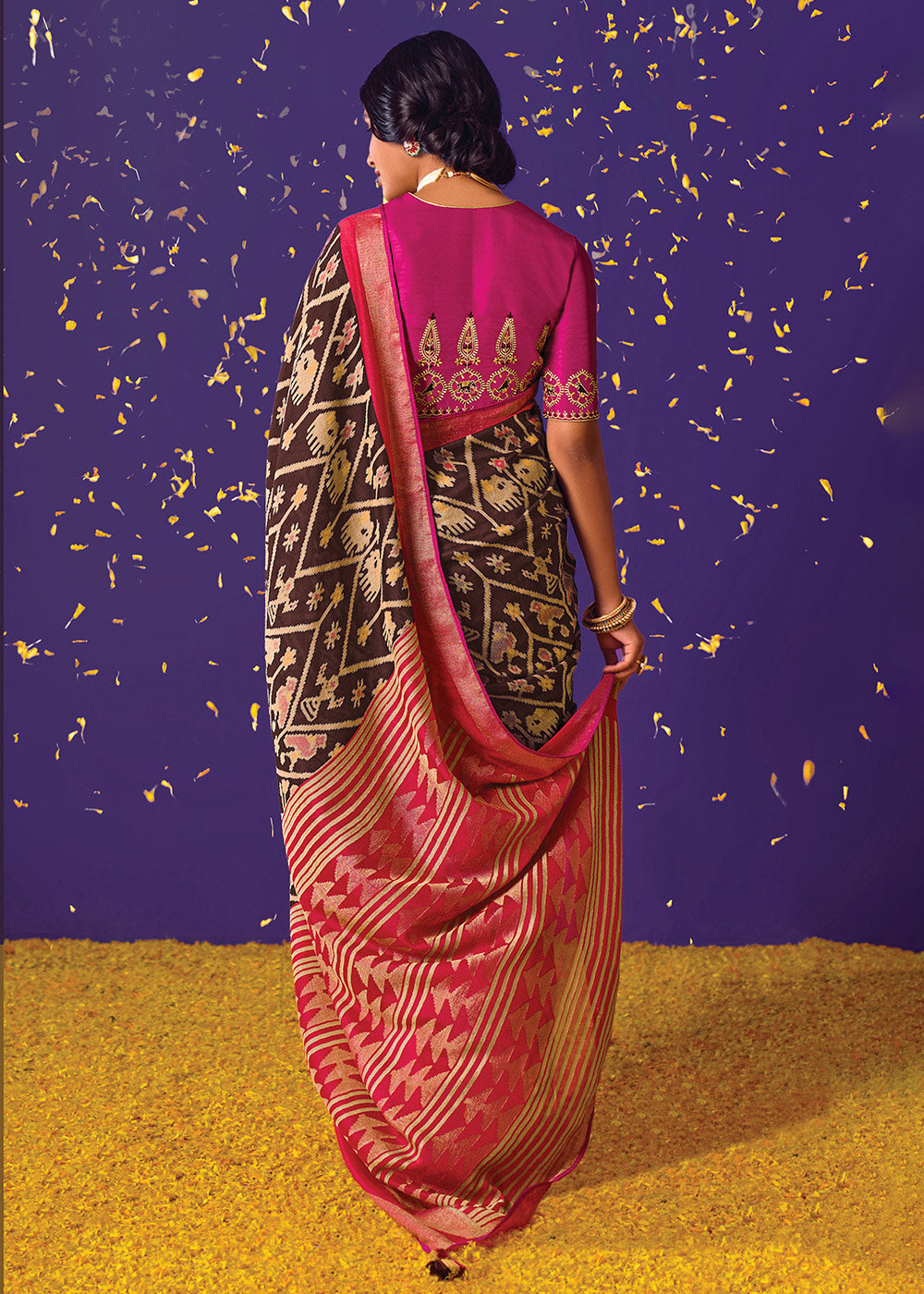 Brown and Pink Brasso Print Saree with Embroidered Blouse