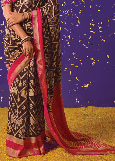 Brown and Pink Brasso Print Saree with Embroidered Blouse