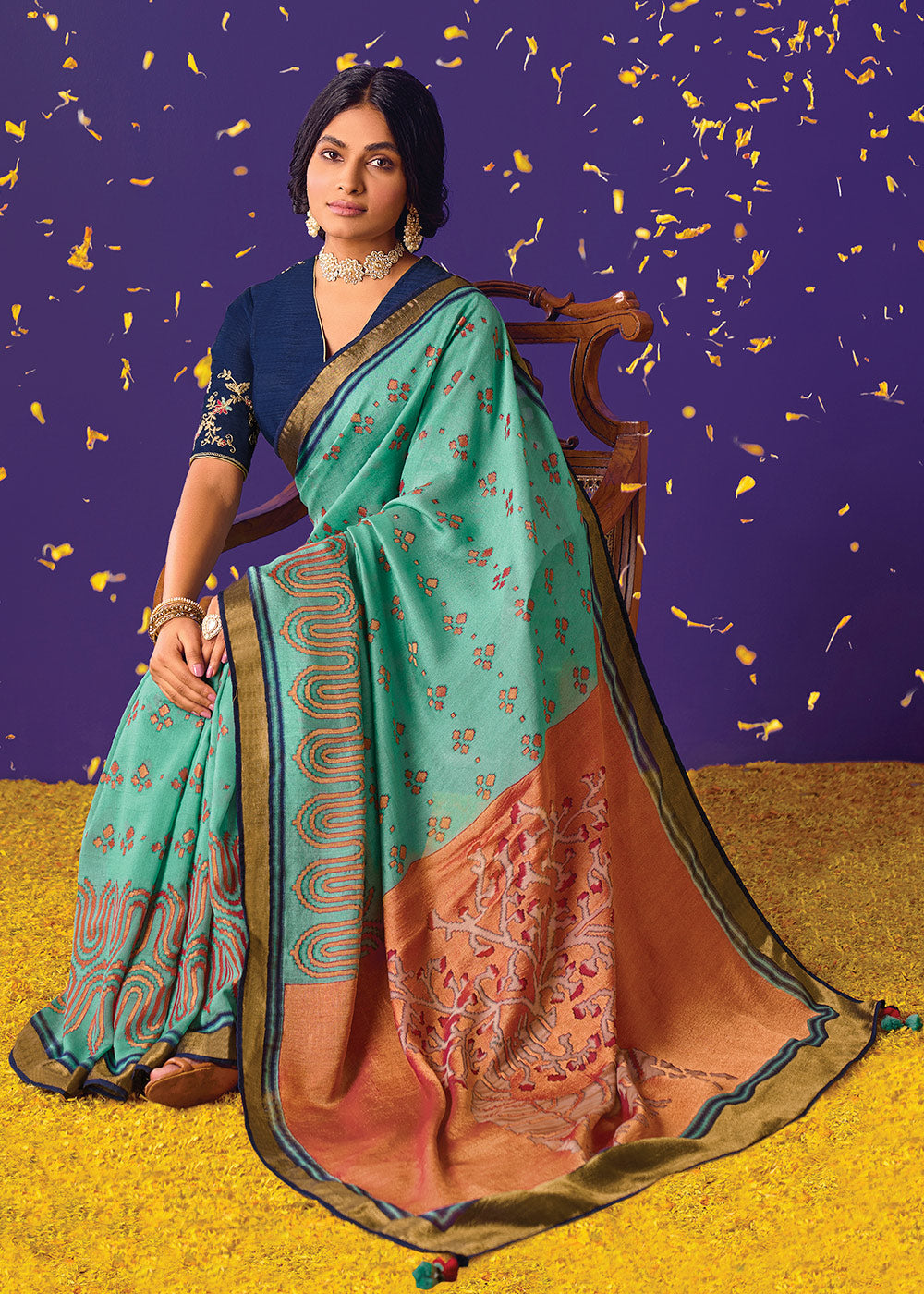Blue and Peach Geometric Print Saree with Embroidered Blouse