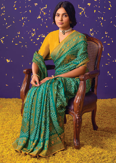 Blue and Yellow Floral Print Saree with Embroidered Blouse