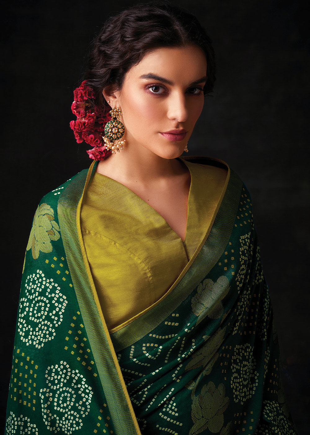 Green Brasso Bandhani Saree with Embroidered Blouse