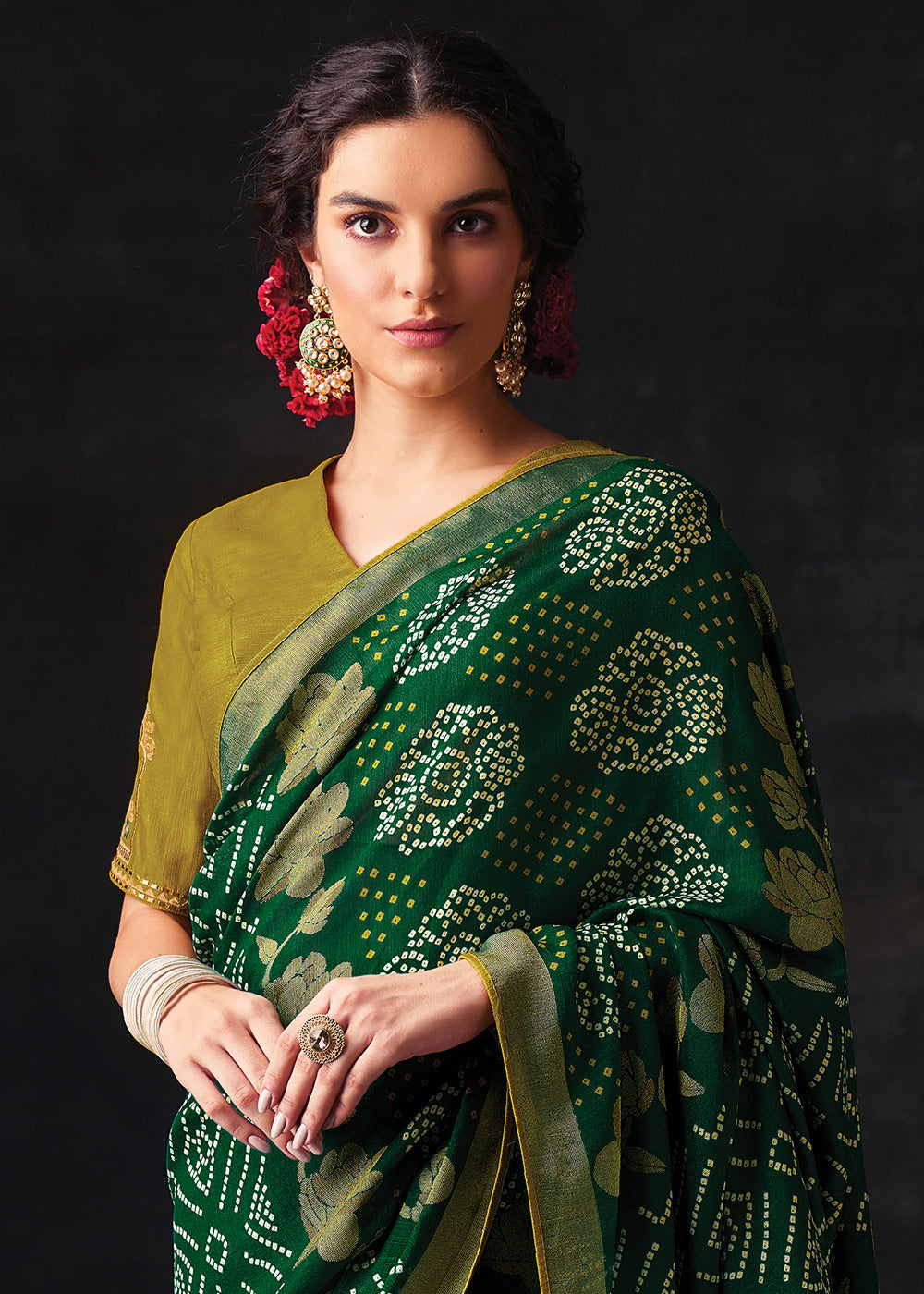 Green Brasso Bandhani Saree with Embroidered Blouse