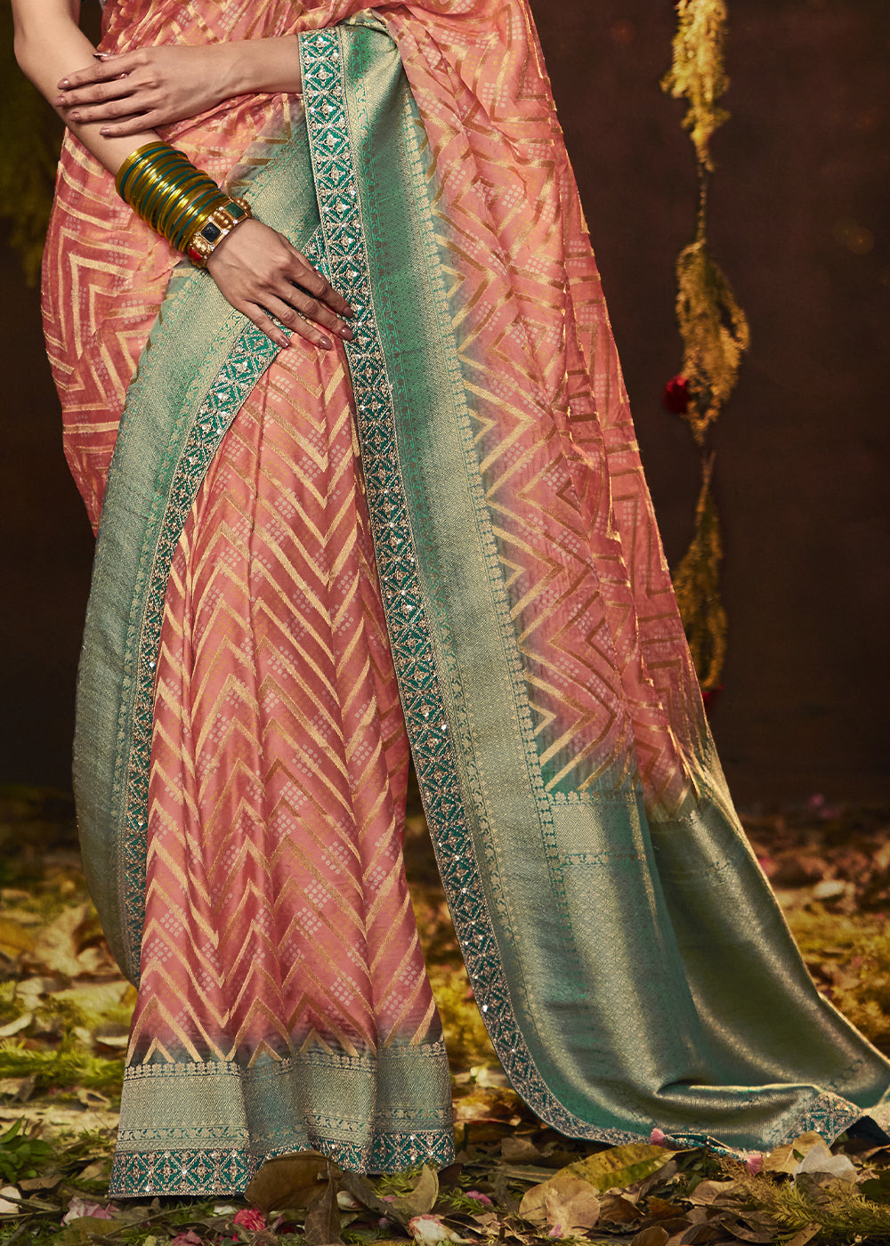 Earthy Brown and Green Georgette Bandhani Saree for a Natural Look