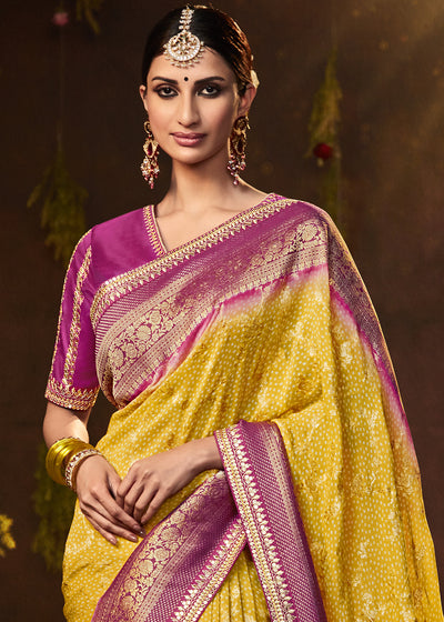 Vibrant Yellow and Pink Georgette Bandhani Saree for a Festive Look