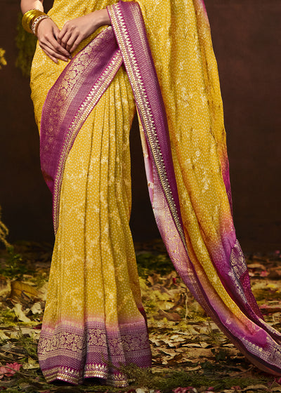 Vibrant Yellow and Pink Georgette Bandhani Saree for a Festive Look