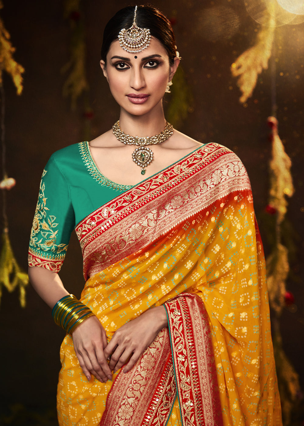 Fiery Orange and Red Georgette Bandhani Saree