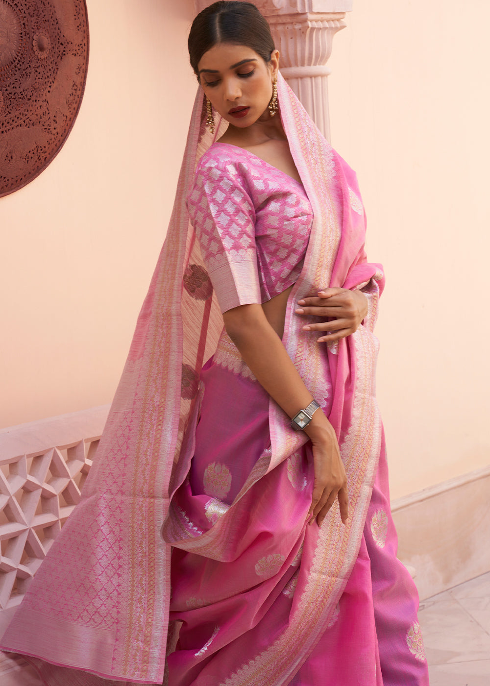 Rose Petals: Handwoven Banarasi Linen Silk Saree