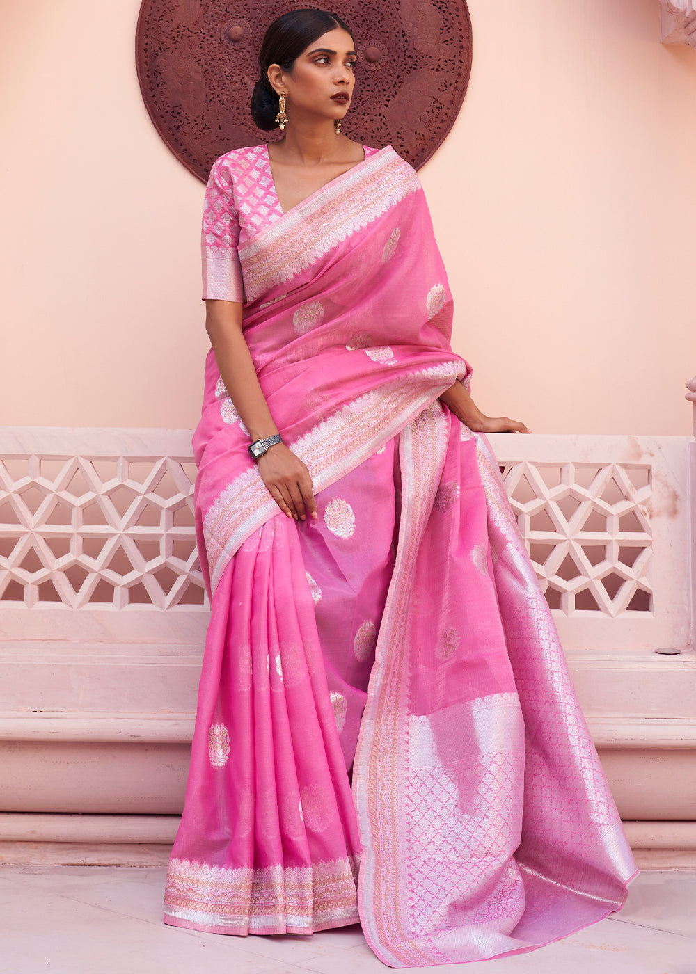 Rose Petals: Handwoven Banarasi Linen Silk Saree