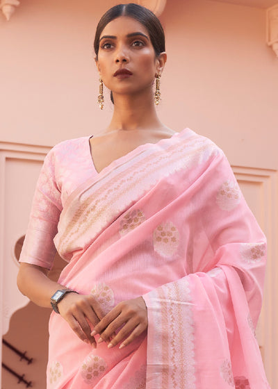 Blushing Blooms: Handwoven Banarasi Linen Silk Saree
