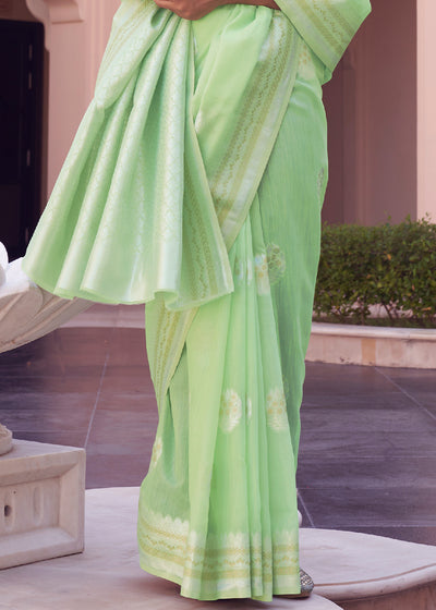 Enchanting Emerald: Handwoven Banarasi Linen Silk Saree