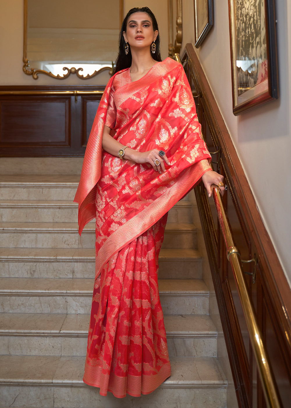 Exquisite  Red Banarasi Organza Silk Saree
