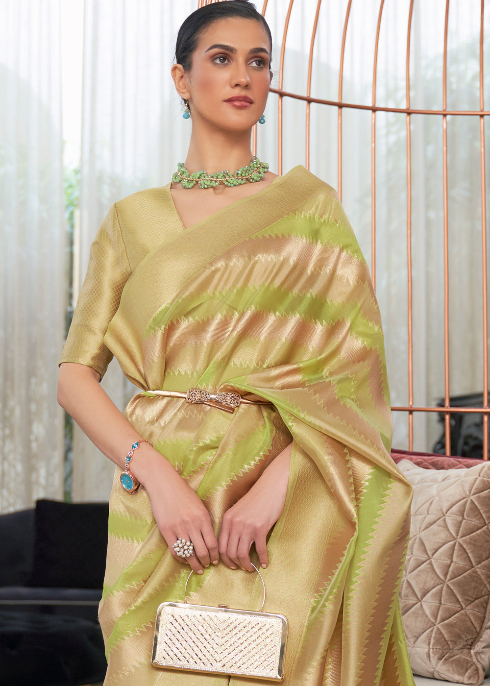 Golden Lime: Handwoven Banarasi Organza Silk Saree