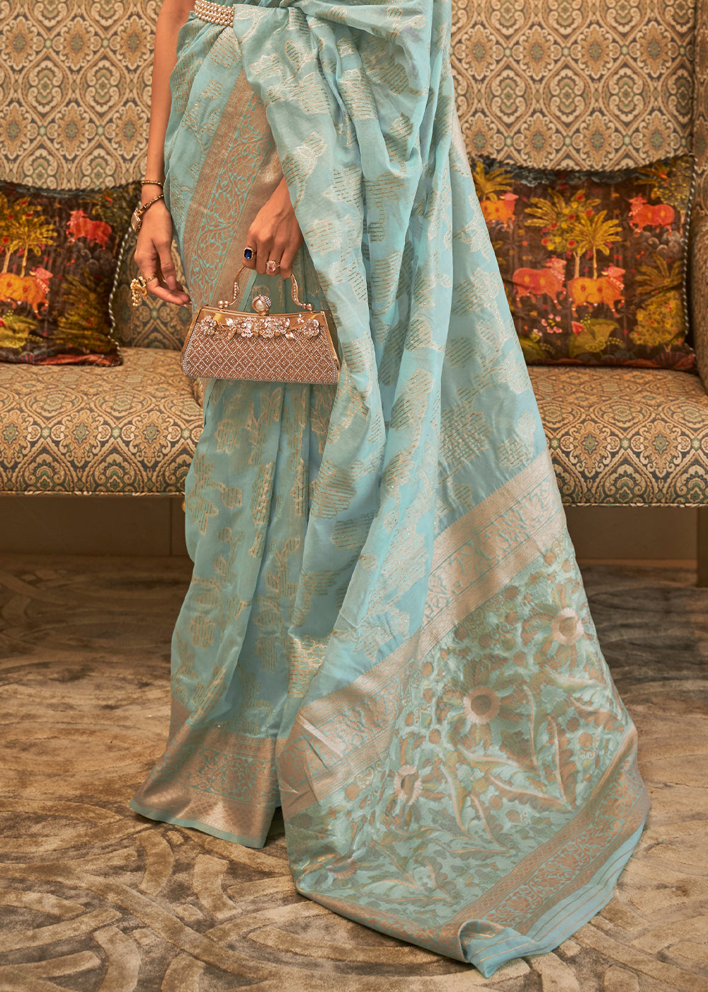 Elegant Soft Blue Woven Banarasi Cotton Saree with Intricate Cutwork