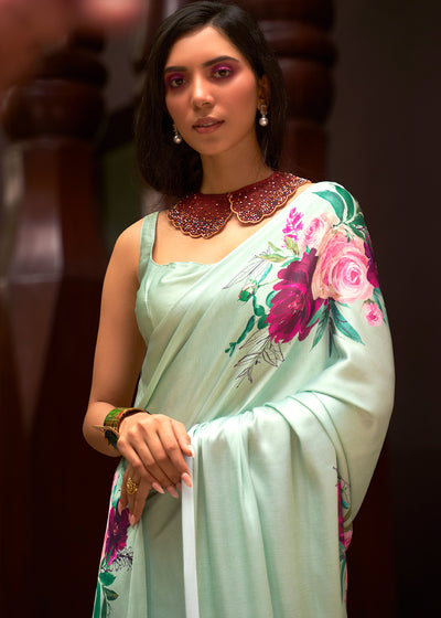 Minty Fresh Satin Silk Saree with Floral Print